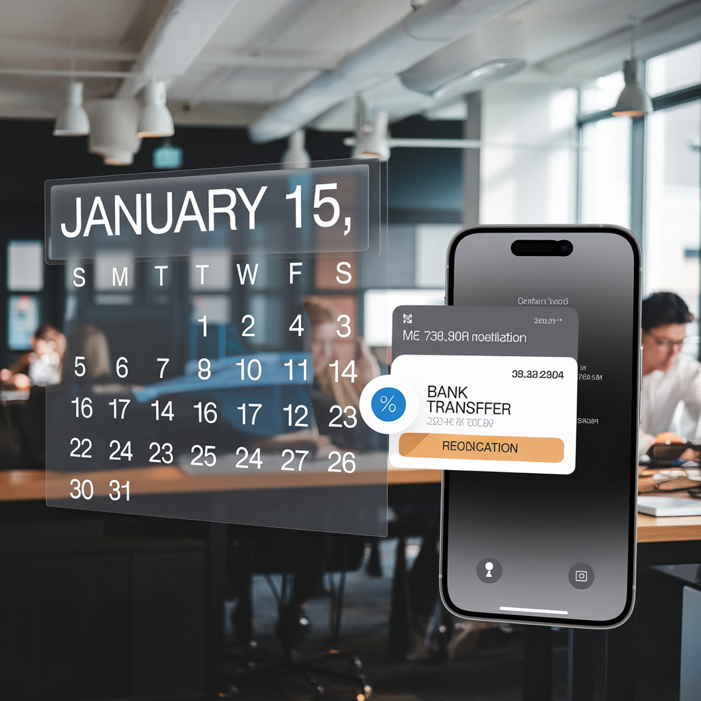 Notification de virement sur smartphone pour le 15 janvier 2026.