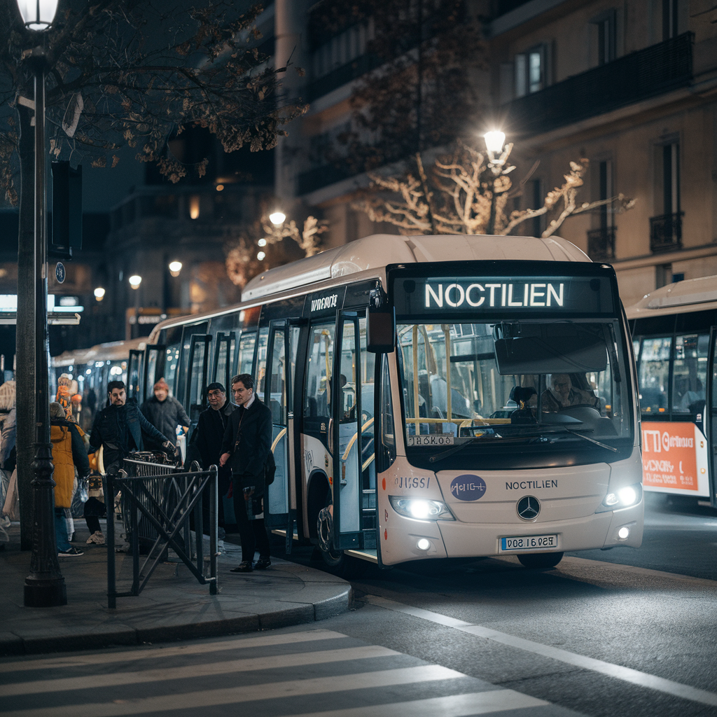 Bus Noctilien ramassant des passagers la nuit à Paris.