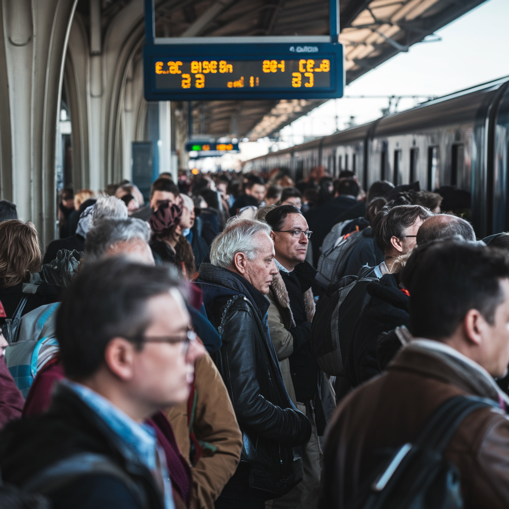 Passagers attendant sur un quai bondé du RER à Paris.