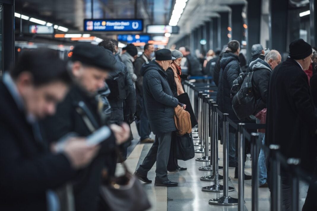 Grève SNCF à Paris et en Île-de-France : une semaine de perturbations du 12 au 18 janvier Commuters in a busy Parisian train station during transport strikes.