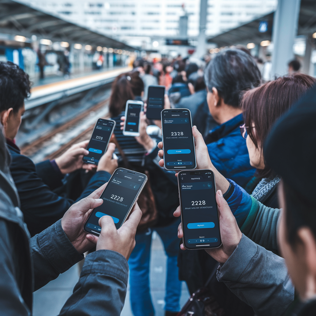 Des voyageurs utilisant leurs smartphones pour accéder aux transports en commun.