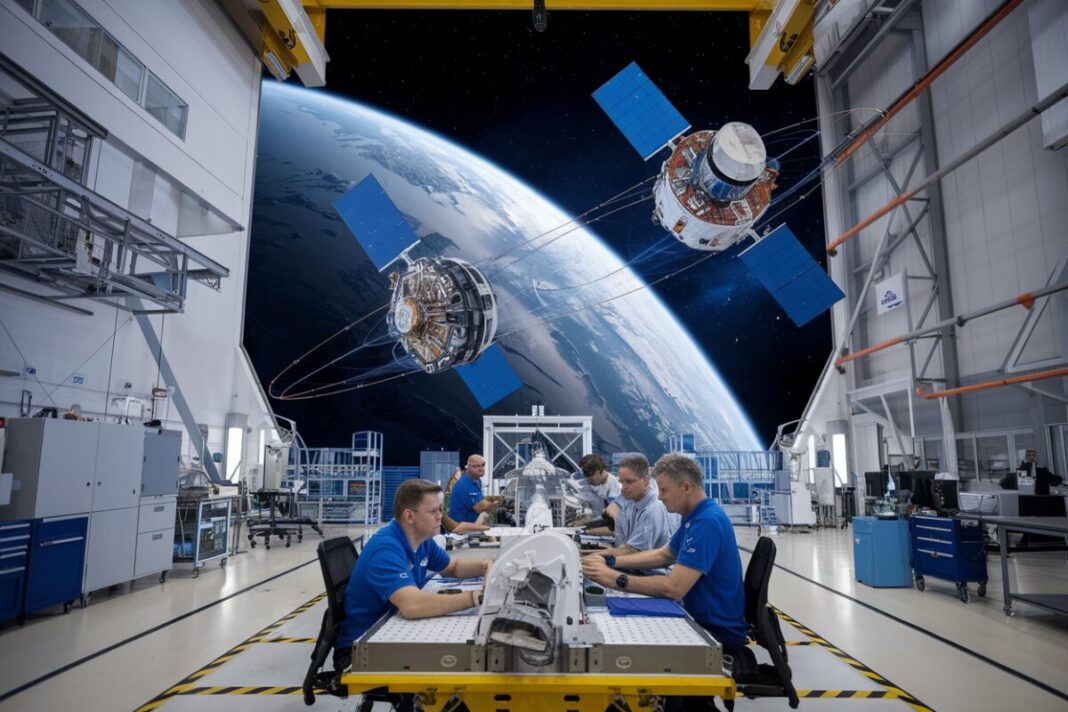 Pourquoi la commande de 340 satellites par Eutelsat est cruciale pour notre souveraineté numérique Vue de satellites en orbite autour de la Terre et l'assemblage à Toulouse