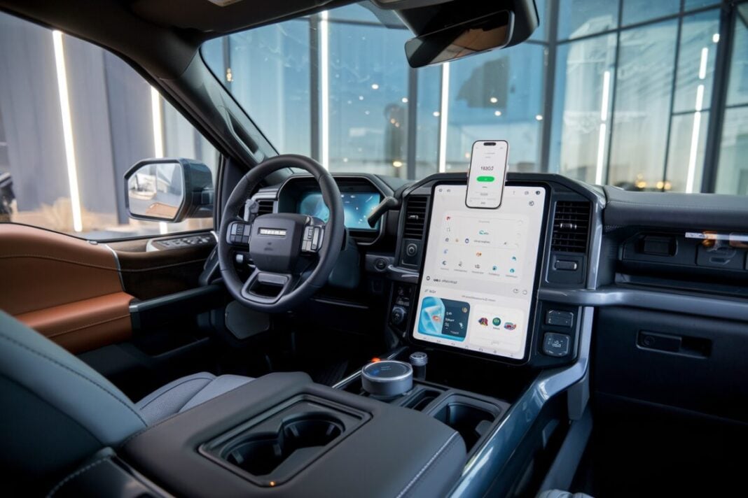 Découvrez comment l'intégration de Google Cast dans Android Auto transforme l'expérience en voiture Intérieur de voiture moderne avec tableau de bord high-tech.