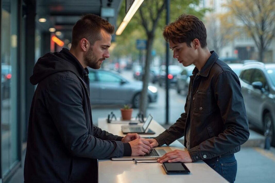 Mise à jour Apple en arrière-plan Un technicien vérifie une mise à jour iPhone et Mac en atelier