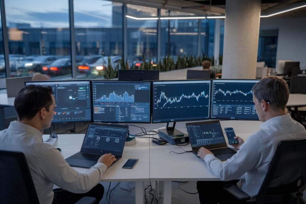 Analystes cybersécurité en centre opérationnel Des analystes cybersécurité surveillent une alerte sur écrans en entreprise