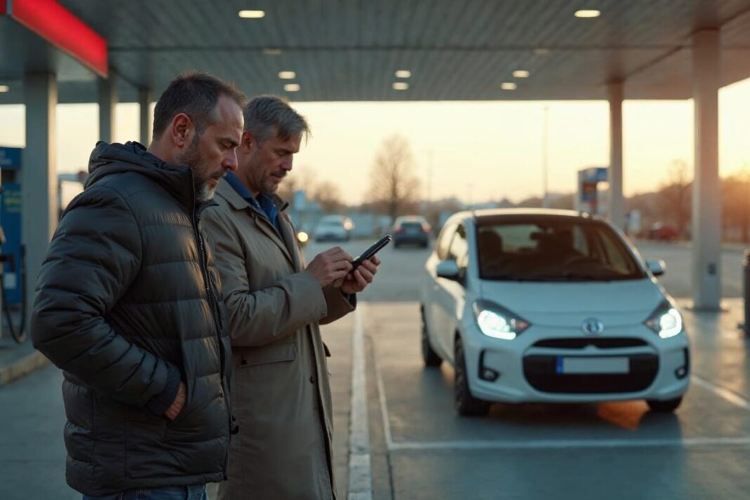 Comparer les prix à la station-service Deux automobilistes comparent les prix du carburant à une station moderne