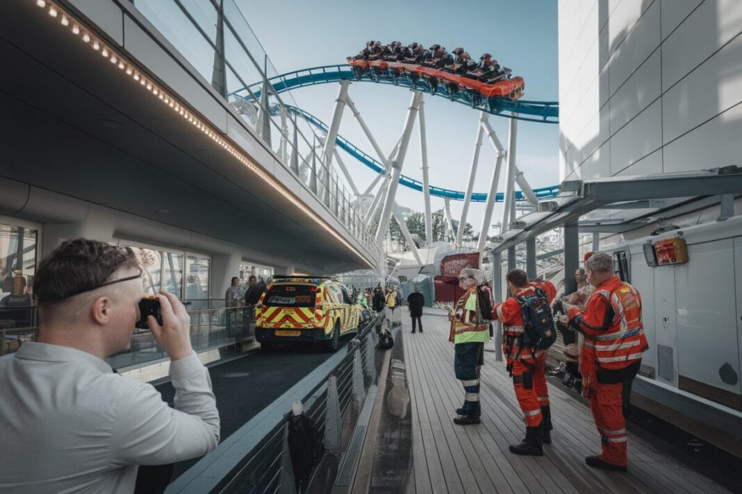 Panne en hauteur sous canicule Des visiteurs attendent sous un manège arrêté pendant une forte chaleur