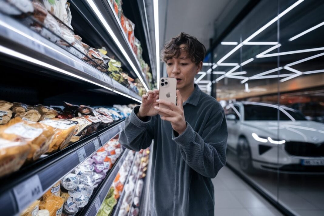 Scan nutritionnel sur iPhone en magasin Un utilisateur scanne une étiquette nutritionnelle avec son iPhone au supermarché