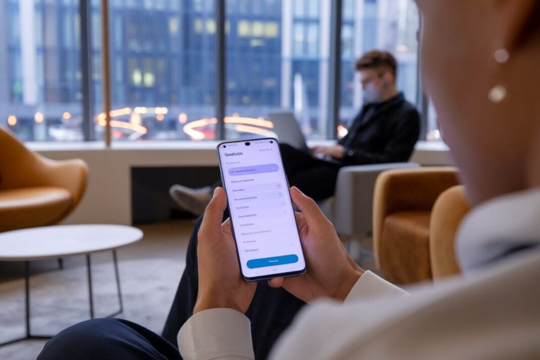 Mise à jour Android sur smartphone Un utilisateur installe une mise à jour Android sur un smartphone récent