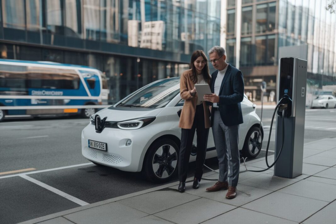 Demande de leasing social électrique Un couple examine un contrat près d’une voiture électrique en recharge